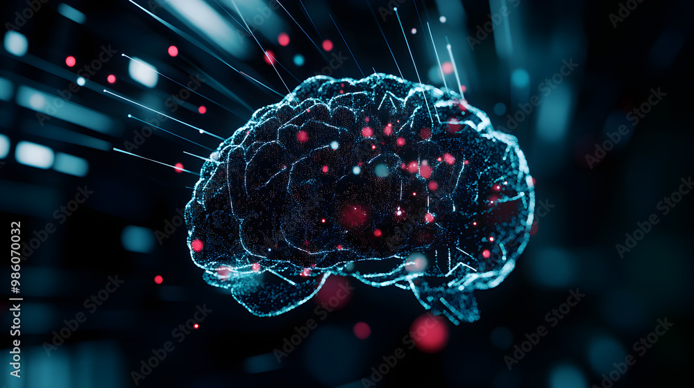Poster abstract representation of a student's brain with vibrant digital elements illustrating thought proc