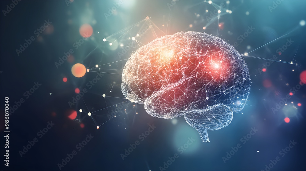 Poster abstract representation of a student's brain with glowing connections and luminous nodes illustratin
