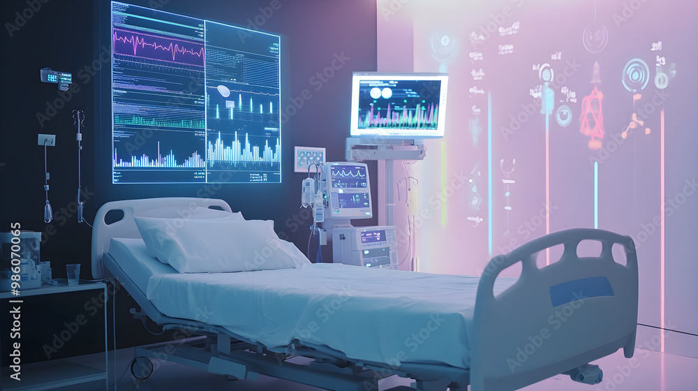 Poster a modern healthcare room features advanced charts and data visualizations on screens, emphasizing te