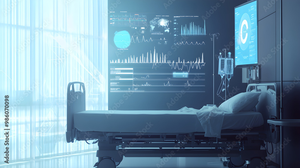 Aufkleber a healthcare room features advanced data visualizations and charts displayed on screens, highlightin