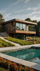 Two-story home with a green roof and swimming pool.