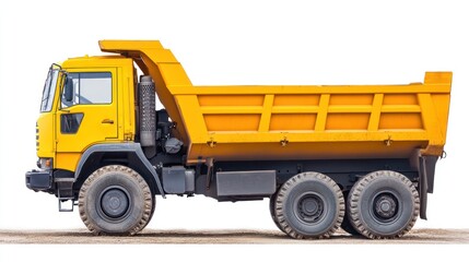 Fototapeta premium Side view of a yellow dump truck on a white background.