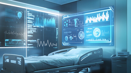 An advanced healthcare environment featuring digital charts and data visualizations on screens alongside a hospital bed, emphasizing technology's role in patient care