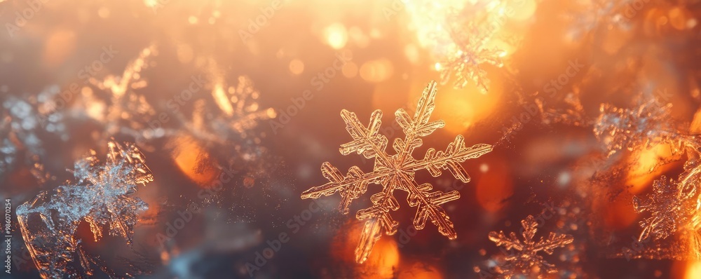 Poster close-up view of a delicate snowflake against a warm, glowing backdrop, showcasing intricate pattern