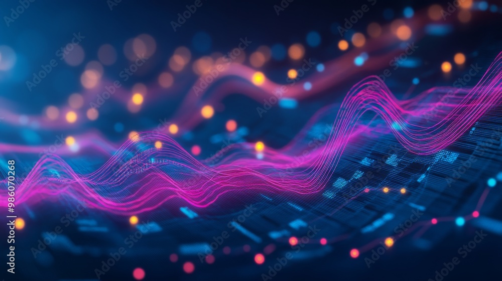 Poster a dynamic 3d graph with curved lines and glowing data points, symbolizing business growth and futuri