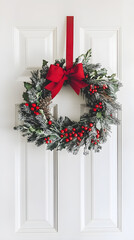 Festive holiday wreath decorated with vibrant red berries and a bow, hanging gracefully on a plain white door