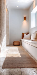 Cozy living room with neutral tones, plush sofa, and natural decor elements in a sunlit space