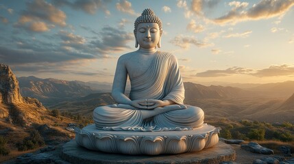 Fototapeta premium A large, white marble Buddha statue seated in a lotus position, set against a backdrop of dramatic mountain scenery. The statue's smooth surface contrasts with the rugged terrain, and the scene is