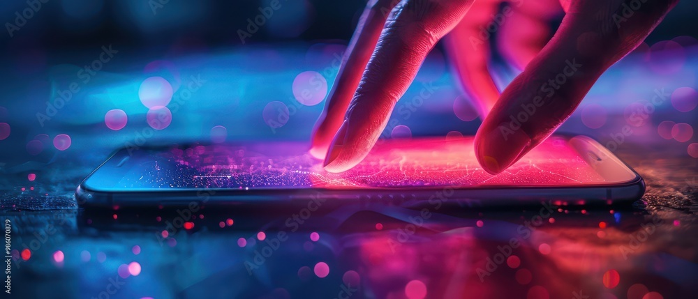 Wall mural finger touching a smartphone, activating a glowing cybersecurity interface. free copy space for bann