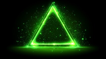 Abstract Glowing Green Triangle with Glittering Particles on Black Background
