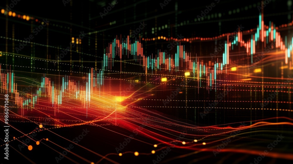 Poster a dynamic stock chart with candlestick patterns and fluctuating lines, symbolizing active market tra
