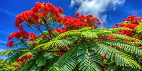 Red flowers burst forth from a stately tree with delicate fern-like foliage against a bright blue sky.