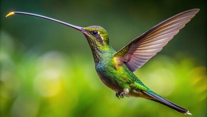 Fototapeta premium Sharp, iridescent feathers glisten in the sun as the sword-billed hummingbird holds its breath, its extraordinary beak stretching outwards like an upended sword.