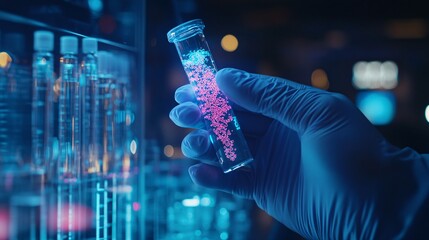 Fototapeta premium Future Biotechnology: Scientist's Gloved Hand Holding Vial of Bio-Engineered Cells in High-Tech Lab Setting with Genetic Modification Display