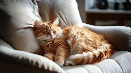 A fat cat curled up in a large, comfortable chair, with its fur slightly tousled and a soft, restful ambiance in the room