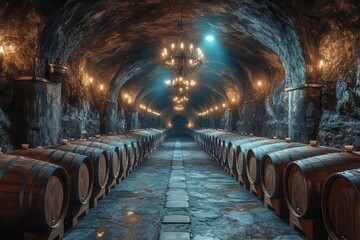 rustic wine cellar rows of aged oak barrels in dimly lit stone cavern warm ambient light highlighting rich wood textures