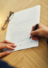 Naklejka premium Hands, document and businessperson with signature in office for partnership, agreement or deal. Contract, pen and financial planner signing terms and conditions paperwork for company investment.