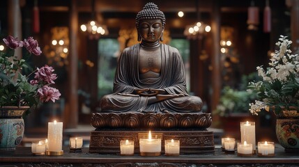 Fototapeta premium An intricately detailed bronze Buddha figure, placed on a rich, dark wood altar with traditional carvings. The soft, ambient light from nearby candles highlights the detailed textures and serene
