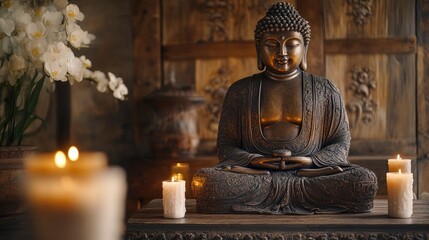Fototapeta premium An intricately detailed bronze Buddha figure, placed on a rich, dark wood altar with traditional carvings. The soft, ambient light from nearby candles highlights the detailed textures and serene