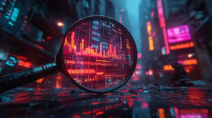 A magnifying glass over an abstract digital chart with upward trending lines, representing stock market growth or financial analysis, Ai