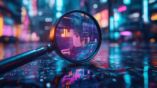 A magnifying glass over an abstract digital chart with upward trending lines, representing stock market growth or financial analysis, Ai