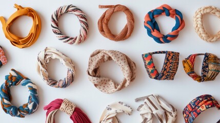 A flat lay of headbands in different styles, such as knotted, braided, and embellished, displayed on a white surface to highlight their diverse designs.