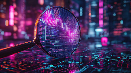 A magnifying glass over an abstract digital chart with upward trending lines, representing stock market growth or financial analysis, Ai