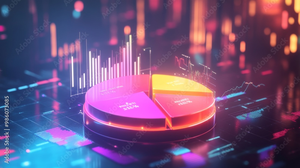 Aufkleber A floating 3D pie chart with glowing neon segments, representing various financial categories, surrounded by abstract data points and graphs.