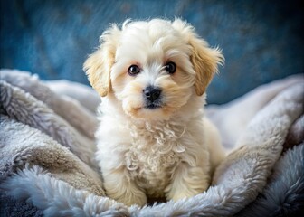 A charming Bichon puppy perched on a cozy blanket, exuding a playful spirit with bright, inquisitive eyes that sparkle with curiosity and joy.
