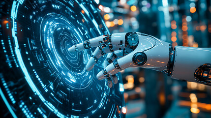 Fototapeta premium Futuristic Robot Interacting with Digital Interface