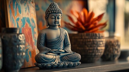 Fototapeta premium A small, hand-painted Buddha figurine displayed on a shelf with a backdrop of vibrant, colorful artwork. The figurineâ€™s intricate details are highlighted by the soft, diffused light, and the