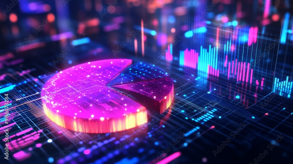 Aufkleber a floating 3d pie chart with glowing neon segments, representing various financial categories, surro