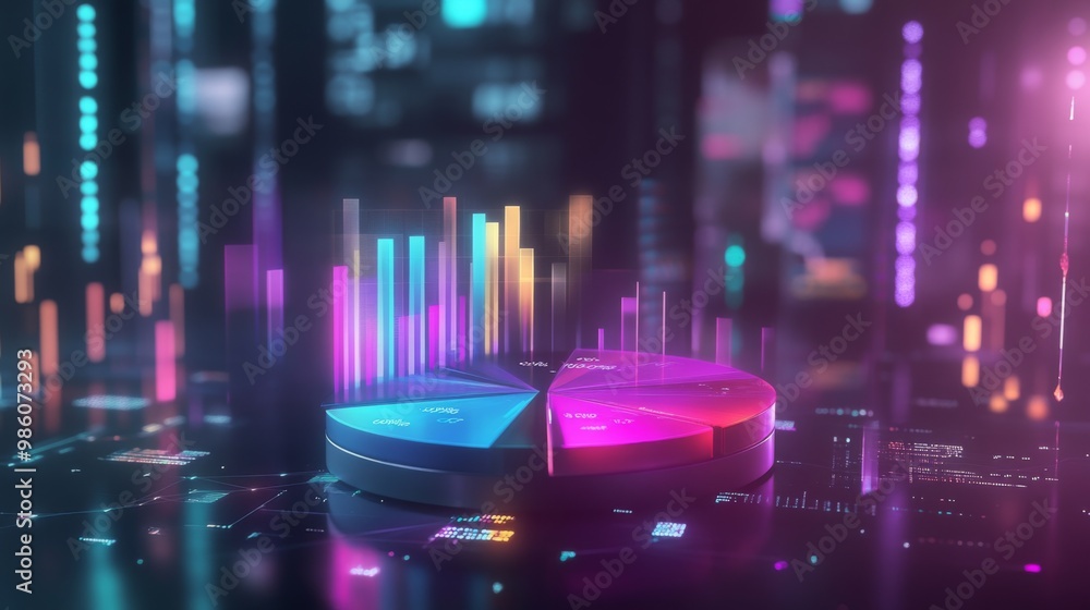Poster a floating 3d pie chart with glowing neon segments, representing various financial categories, surro