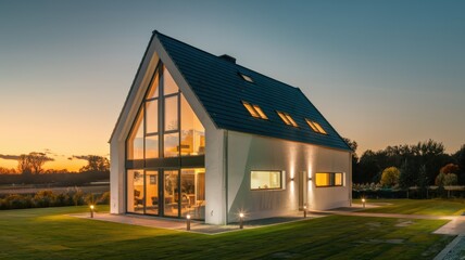 Fototapeta premium A photo of a modern house with a sharp, A-frame design during the evening. The house is painted in a light color, possibly white or light gray, and features large glass windows that are illuminated