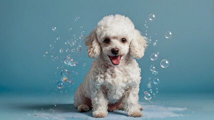 Adorably fluffy white poodle puppy sits in a blue bucket, wearing a cute scarf