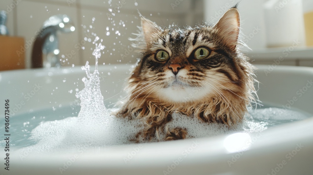Poster a fluffy cat enjoying a relaxing bath in a tub, with a playful splash of water and gentle shampoo, s