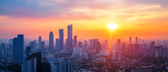 Fototapeta premium Sunset over a vibrant city skyline featuring skyscrapers and urban architecture, capturing the essence of downtown life in cities like New York, Bangkok, and Hong Kong