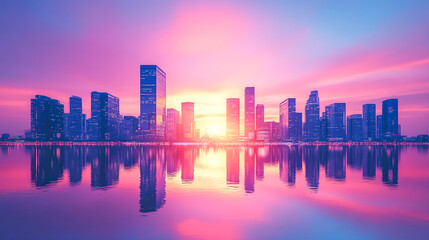 Obraz premium Urban Sunset Over City Skyline with Reflection