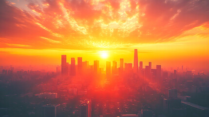 Sunset Over City Skyline with Dramatic Clouds