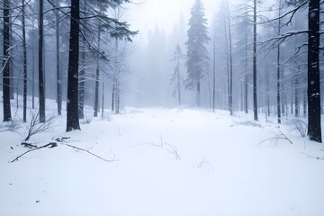 Obraz premium A tranquil winter forest blanketed in snow, evoking peace and solitude.