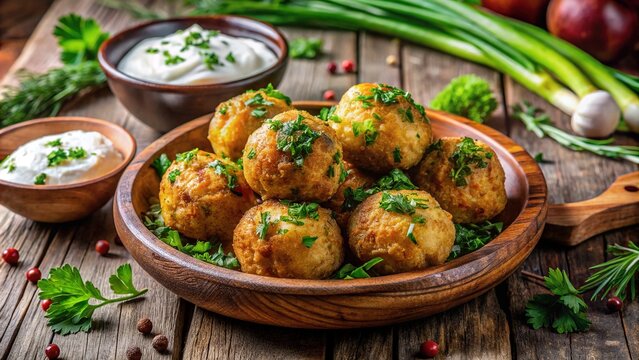 Traditional Lithuanian kugelis presented on a rustic wooden table, garnished with fresh herbs and a dollop of sour cream for a delightful culinary experience.