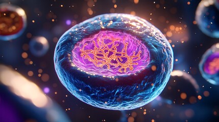 Naklejka premium Intricate Cross-Section of Eukaryotic Cell Revealing Nucleus, Rough ER, Ribosomes, and Cytoplasm with Organelles in Soft Focus