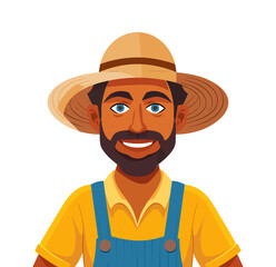 A colorful cartoon farmer illustration of a man with a beard, straw hat, and overalls, smiling warmly. This friendly design is great for agriculture, farm, or rural lifestyle projects