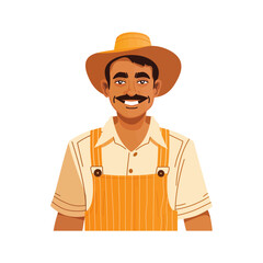 A cheerful cartoon farmer illustration featuring a man wearing a straw hat, overalls, and a mustache. Perfect for farm-related projects, agricultural themes, or rural lifestyle content