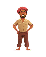 A cartoon illustration of a villager wearing a traditional turban and casual attire, standing confidently with hands on hips. This character is ideal for rural-themed or cultural content