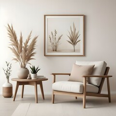 A minimalist living room with a wooden frame on the wall, a wooden side table, and a beige armchair with a white cushion.