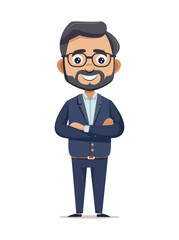 Professional cartoon businessman illustration featuring a man with glasses, a beard, and a suit. He stands confidently with his arms crossed, making it perfect for business or corporate-themed contet