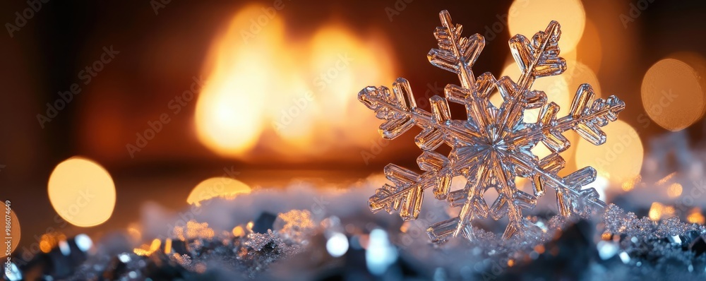 Poster a delicate snowflake resting on shimmering snow, contrasted by a warm fireplace glow in the backgrou