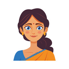 A vibrant cartoon illustration of an Indian woman in a traditional sari with blue eyes and a joyful smile. Ideal for cultural content, fashion designs