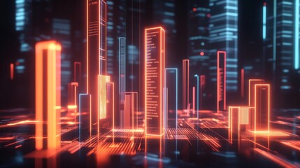 A futuristic 3D bar chart with glowing neon bars and financial data overlaying a dark background, perfect for showcasing economic trends.